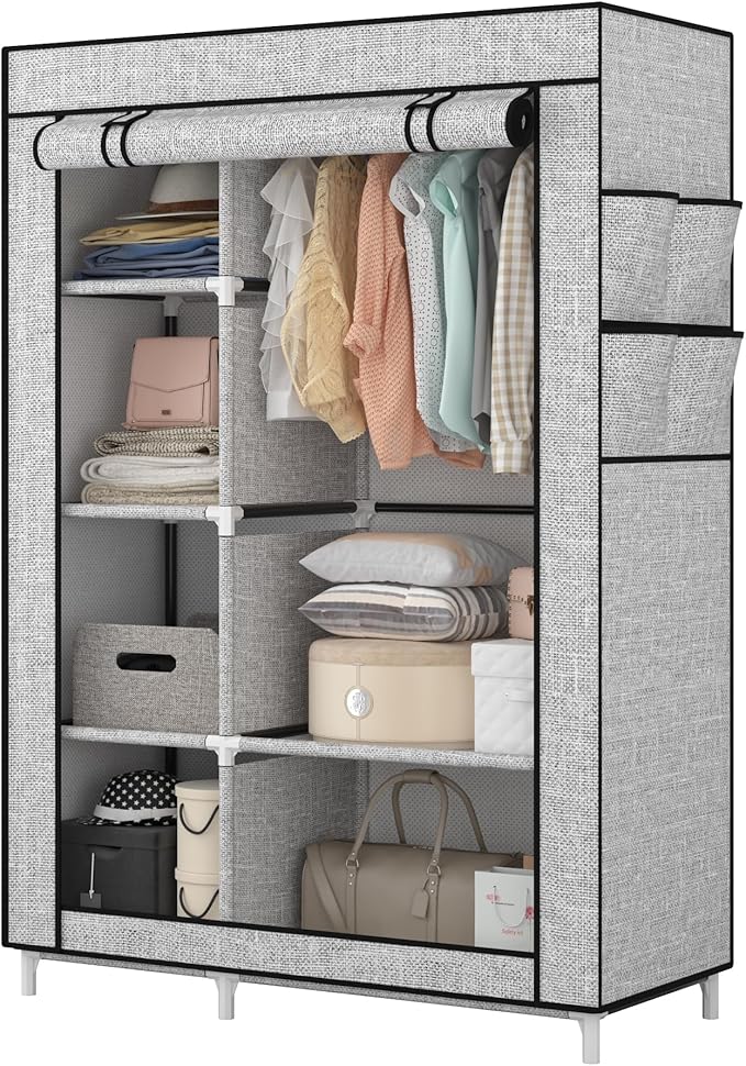 Calmootey Portable Closet Organizers, Clothing Storage, Wardrobe with 6 Shelves and Hanging Rod, Non-Woven Fabric Cover with 4 Side Pockets, Ash Grey