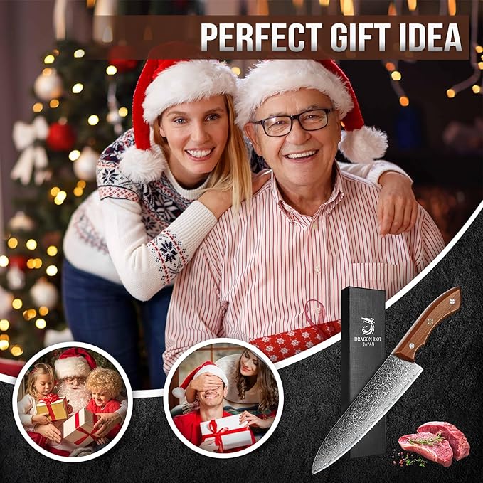 DRAGON RIOT Damascus Chef's Knife 7 inch, Japanese Kitchen Knife with VG10 Steel Core, Ultra Sharp Forged Professional Chef Knife With Full Tang Handle, Premium Gift Box