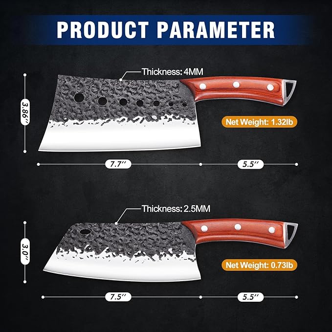 Meat Cleaver Knife Set, 2PCS Hand Forged Japanese Butcher Knife Set for Meat Cutting, Viking, Boning. Serbian Chef Knives & Sharp Kitchen Vegetable Knives for Home, Outdoor Cooking, BBQ Gift.