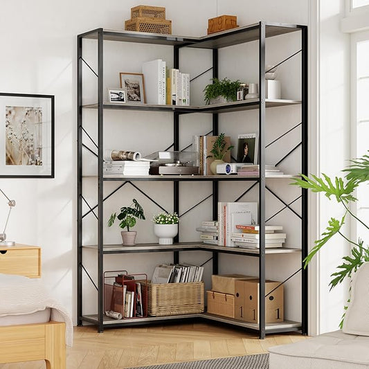 Shintenchi 5 Tier Corner Bookshelf,L Shaped Bookcase,Large Etagere Bookcase,Corner Shelf Display Storage Rack with Metal Frame for Living Room Bedroom Office,Grey