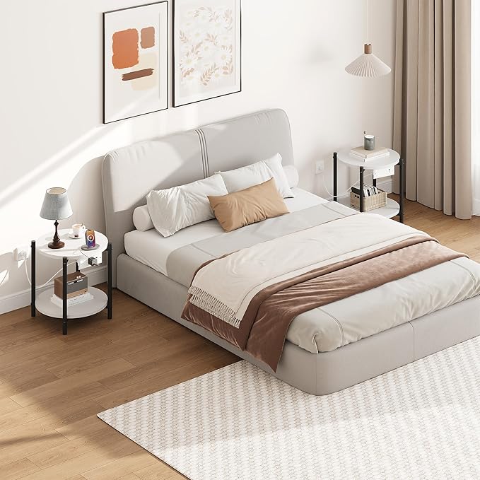 LIKIMIO Small Round End Tables Set of 2 with Charging Station, 2-Tier Wooden Side Tables, 15.8" W Modern Nightstands for Small Spaces, Living Room, Bedroom, White