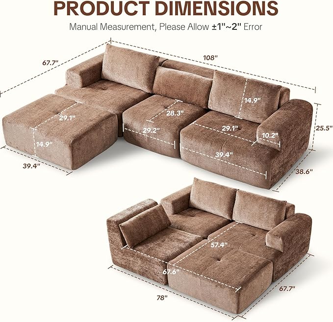 108" Modular Sectional Sofa - L-Shape Chaise, Modern Modular Cloud Couch with Deep Seat and Pillow, Boneless Couch Comfy Sofa for Living Room & Apartment, No Assembly(Camel)