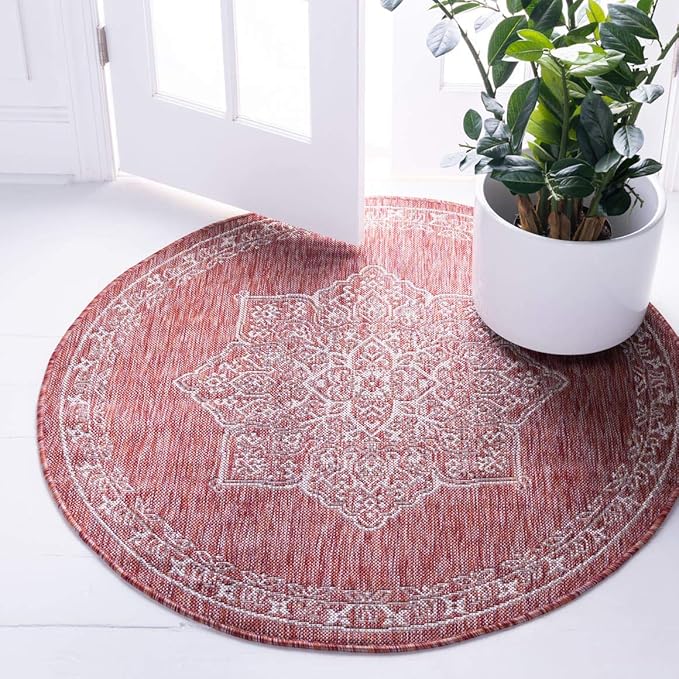 Unique Loom Outdoor Traditional Collection Area Rug - Antique (4' 1" Round, Rust Red/ Gray)