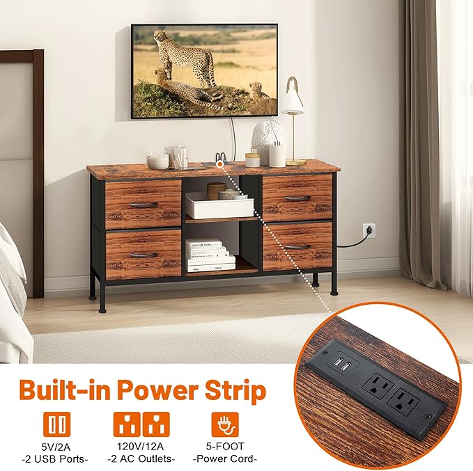 TV Stand for Bedroom, Television Stand for TV up to 46 Inch Entertainment Center Dresser with 4 Drawers Open Storage Shelves for Living Room, Entryway (Brown and Rustic Brown)