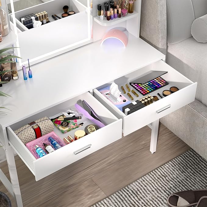Armocity Vanity Desk with Mirror and Lights, Makeup Vanity with 2 Storage Drawers, Vanity Table Set with 3 Color Lighting Options, Modern Dressing Table with Storage Shelf for Bedroom, White