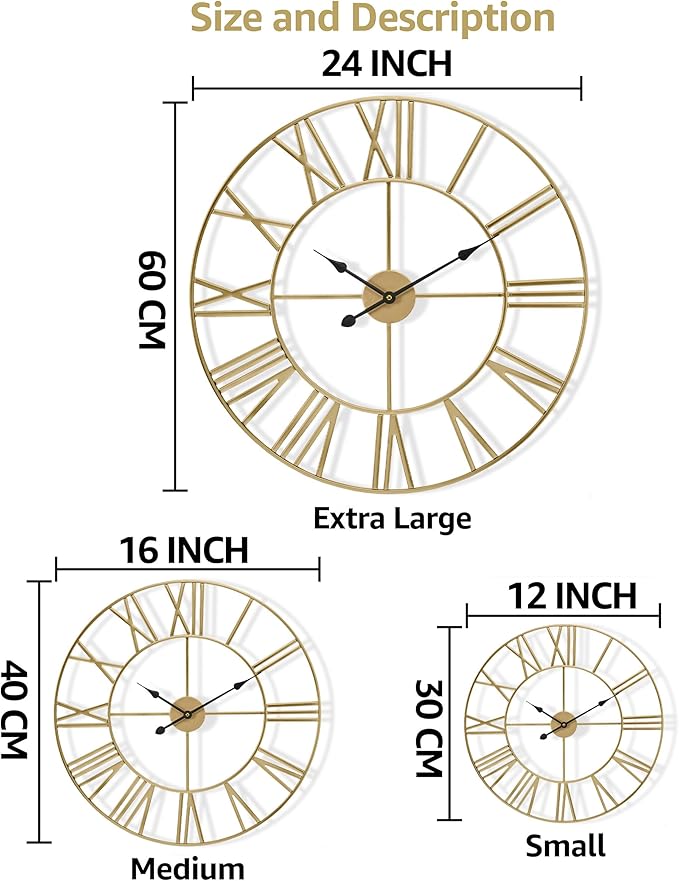 Sorbus Large Wall Clock for Living Room Decor – Easy to Hang 12-Inch Big Wall Clock – Metal Wall Art for Kitchen, Bedroom, Home, Office – Analog Decorative Wall Clock (Gold)