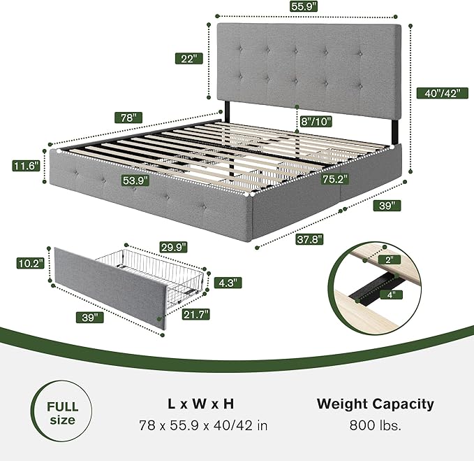 MUTICOR Full Size Bed Frame with 4 Storage Drawers, Upholstered Platform Bed with Button Tufted Adjustable Headboard, No Box Spring Needed, Easy Assembly, Square Tufted, Light Grey Fabric