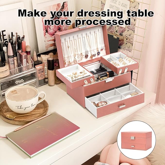 Dajasan Jewelry Organizer Box, Jewelry Box Organizer for Women Girls, 3 Layers Large Jewelry Storage Case for Earring, Rings, Necklaces Bracelets, Watch (Rose Gold)
