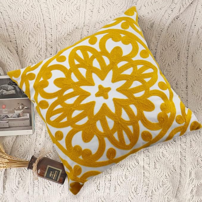 Alysheer Embroidered Decorative Throw Pillow Cover 18x18 inch, Cozy Warm Mandala Knit Pattern, Soft 100% Cotton Canvas Mustard Yellow Cushion Case for Sofa Couch Living Room Gifts (Gold)
