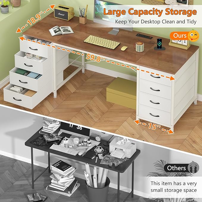 60 Inch Computer Desk with 8 Drawers, Home Office Desk with Power Outlets, Work Study Gaming Desk with 8 Fabric Drawers, Brown and White