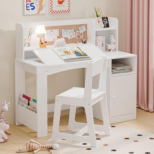 Kids Study Desk with Chair and Tiltable Desktop, Kids Stud Des and Chair Set with Hutch&Storage Cabinet, Wooden Children Study Table for 5-12 Years Old, Student Writing Desk for Bedroom (White)