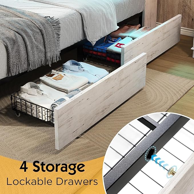 Queen LED Bed Frame with Bookcase Headboard and 4 Drawers,Farmhouse Storage Bed with Charging Station & Linen Upholstered, No Box Spring Needed, Distressed White