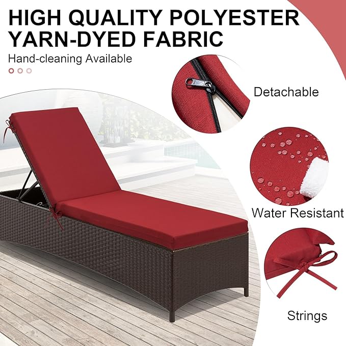 Crestlive Products Chaise Lounge Cushions Outdoor Set of 2, Lounge Chair Cushions for Patio Furniture, Water Resistant Lounger Cushions for Pool, Deck, Lawn, 72''L x 21''W x 3''T, Chili