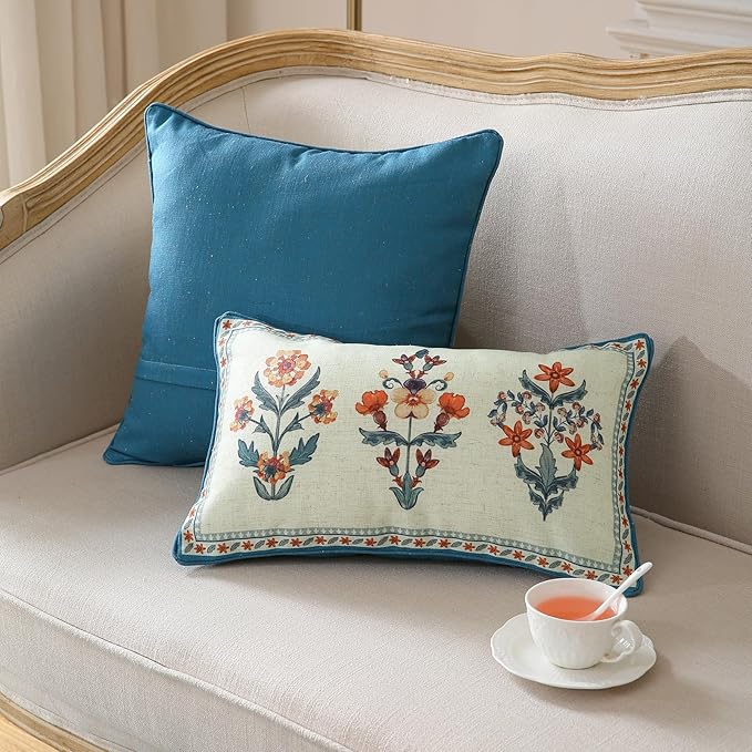 Design Lumbar Linen Throw Pillow Covers 12"x20" Pack of 2, Blue Country Cushion Covers with Colorful Wildflower Pattern Decor Rectangle Pillowcases for Bed,Living Room,Outdoor,Car