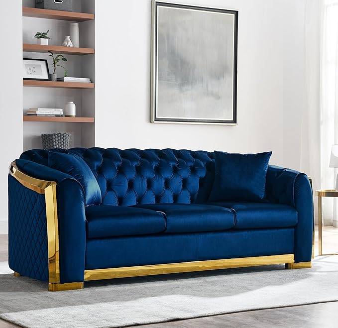 KEIKI 81" Luxury Oversized Velvet Chesterfield Sofa with Gold Stainless Decoration, Mid-Century Style 3-Seater Couch with Tufted Back and Rolled Arms, Easy Assembly, for Apartment, Living Room, Blue