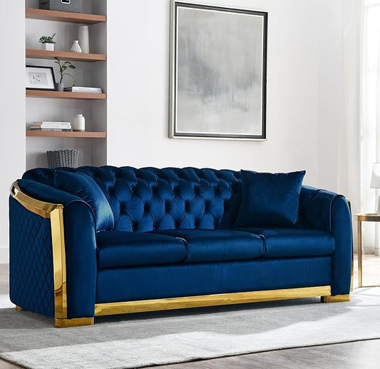 KEIKI 81" Luxury Oversized Velvet Chesterfield Sofa with Gold Stainless Decoration, Mid-Century Style 3-Seater Couch with Tufted Back and Rolled Arms, Easy Assembly, for Apartment, Living Room, Blue