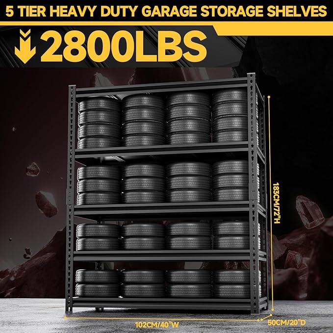 5-Tier 40" W X 20" D X 72" H Storage Shelves 2800LBS Metal Garage Shelving Adjustable Heavy Duty Shelving Basement Industrial Garage Shelf Rack(Black)