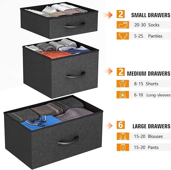 10 Drawer Dresser, Chest of Drawers for Bedroom, Fabric Dresser Drawers with Side Pockets, Hooks, Wooden Top and Sturdy Metal Frame for Living Room, Closet, Hallway, Nursery (Grey)
