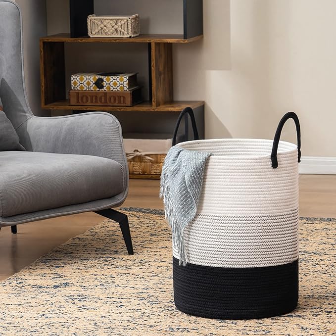 Woven Rope Laundry Hamper Basket, 72L Tall Laundry Basket, Baby Nursery Hamper for Blanket Storage in Bedroom-Large-Dark White