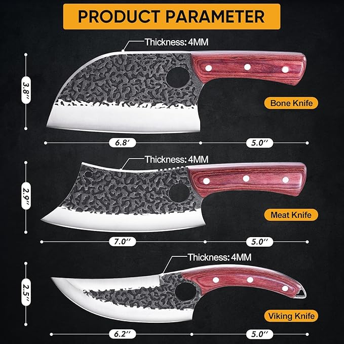 Butcher Knife Set, 3PCS Hand Forged Meat Cleaver, Sharp Serbian Chef Knife & Kitchen Knives & Viking Knives Set for Meat Cutting, Boning Knives for Home、Camping、BBQ Gifts Idea Men