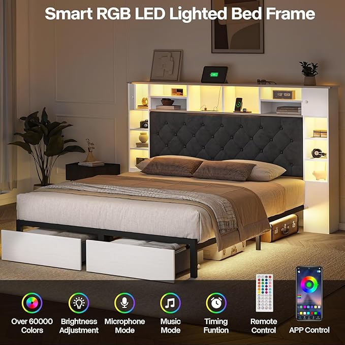 Queen Bed Frame with Bookcase Headboard and Storage Drawers, 51.2" Metal Platform Queen Size Bed Frame with Charging Station and LED Lights, Velvet Upholstered Tufted Bed Frames, White