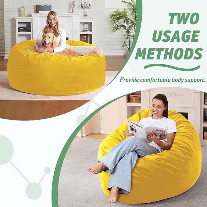4FT Bean Bag Chair with Ultra Soft Velvet Cover Bean Bag Sofa with Memory Foam Bean Bag Chairs with Large Size Lazy Sofa for Dorm Office Living Room Bedroom Yellow 4'