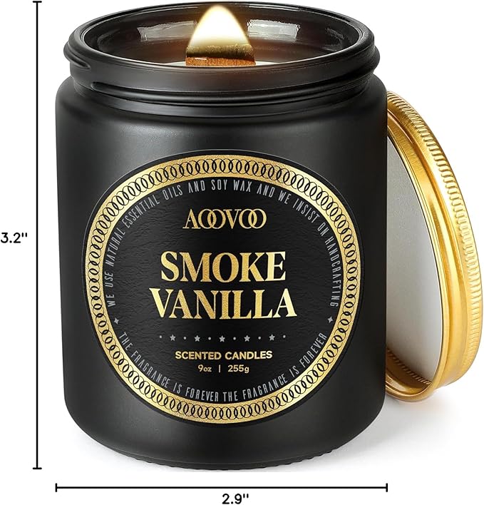 AOOVOO Scented Candle for Home Scented - Wood & Vanilla Scented Candles | Strong Fragranced Soy Mens Candles | Masculine Candle, Wood Wicked Candles | Smokey & Vanilla Candle in Black Jar, AO-LZY0152