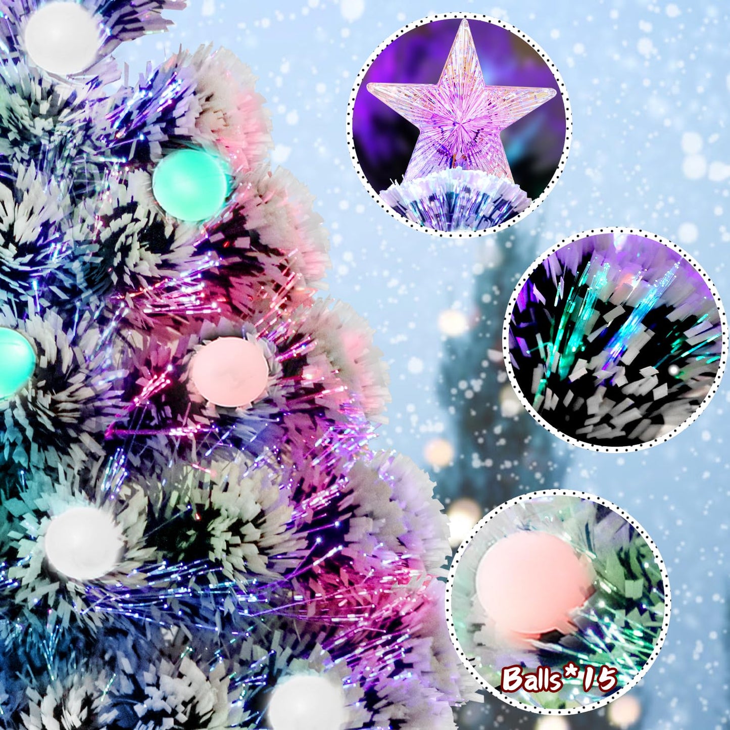 22inch Small Mini Fiber Optic Christmas Tree,Pre-lit Tabletop Artificial Xmas Trees with Balls,RGB Lights,Treetop, Battery/USB Powered White Tiny Fake Xmas Tree Decorations for Desktop,Holiday