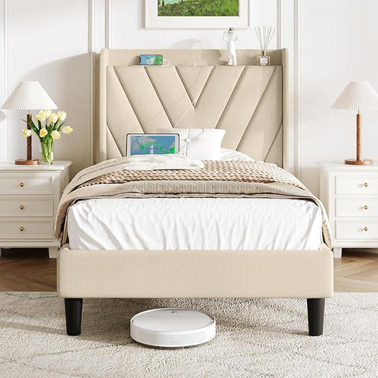 koorlian Twin Size Bed Frame with Headboard, Adjustable Upholstered Platform Bed Frame with Type-C&USB Ports for Kids, Wingback Storage Headboard, Solid Wood Slats Support, No Box Spring Needed, Beige