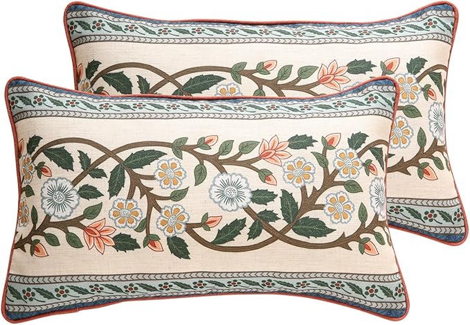 Design Lumbar Retro Elegant Linen Throw Pillow Covers 12"x20" Pack of 2, Blue Gray Floral Vine Pattern Cushion Covers Decor Rectangle Pillowcases for Bed,Living Room,Outdoor,Car