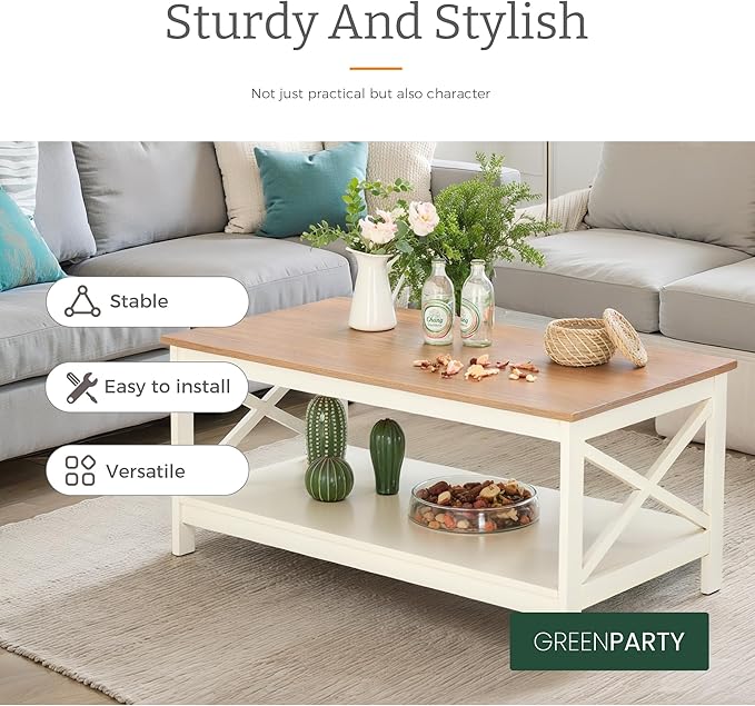 GREEN PARTY Coffee Tables for Living Room, Simple Wooden Stable Coffee Table with Shelf,Open Storage Space with Large Capacity Coffee Table,40 Inches, White