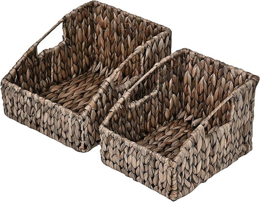 happimess BSK1007C-2SET Havanah Southwestern Handwoven Hyacinth Slanted Pantry Wicker Storage Baskets with Handles, Gray Brown (Set of 2), Seagrass Containers for Decoration in Living Room, Bedroom