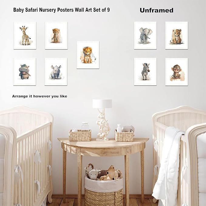 Funny Bathroom Animal Canvas Wall Art Set of 9, Baby Nursery Posters Wall Decor Painting,Tiger Lion Elephant Giraffe Monkey Posters Prints for Bathroom Bedroom Babyroom 8x10In Unframed