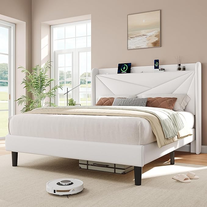 iPormis Queen Size Bed Frame with Charging Station, Velvet Platform Bed Frame with Wingback Upholstered Headboard, Solid Wood Slats Support, No Box Spring Needed, Easy Assembly, White