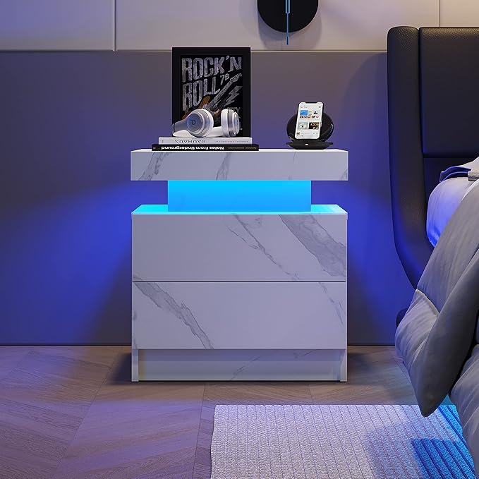 LED Nightstands, Modern End Side Table with 2 Drawers, LED Bedroom Furniture for Bedroom and Living Room, White Marble Pattern