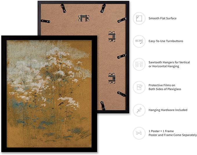 Poster Master Vintage Wild Flowers Poster - Retro Tonal Botanical Painting Print - Abstract Art - Floral Art - Farmhouse Art - Aesthetic Flower Shop or Living Room Wall Decor, 11x14 Black Framed