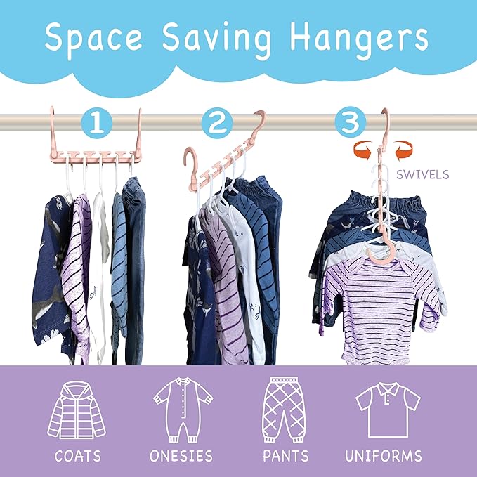 Wonder Hanger Max 10-Pack Space Saving Hangers, Reinforced Hooks Swivels 360°, Cascading Hanger, Teens, College Dorms, Kids & Closet Organizer, Assembled – Pastel Pink