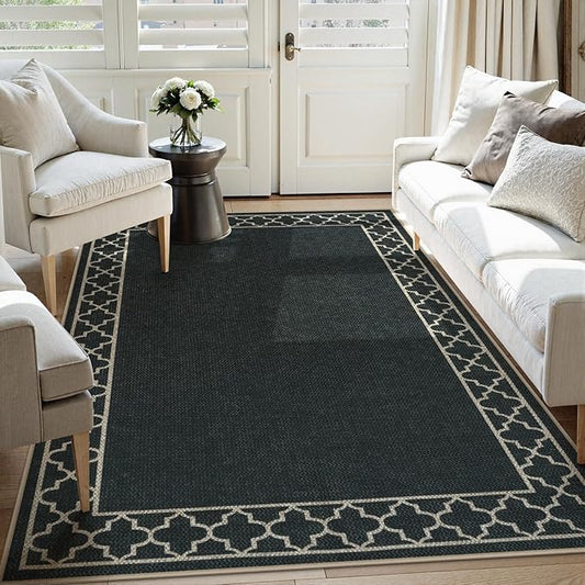 OJIA Easy Jute Washable Rugs 5x7 Outdoor Rug, Modern Area Rug Patio Rug Living Room Rugs Bordered Indoor Outdoor Rug Farmhouse Non-Slip Carpet Geometric Black Rug for Backyard Dining Room