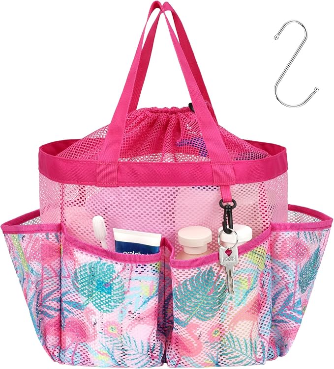 F-color Mesh Shower Caddy Portable with Drawstring - Upgrade Deeper 7 Pockets Dorm Room Essentials for Guys Girls with S Hook, Shower Bag Basket Tote for College Camping Bathroom, Pink Flamingo