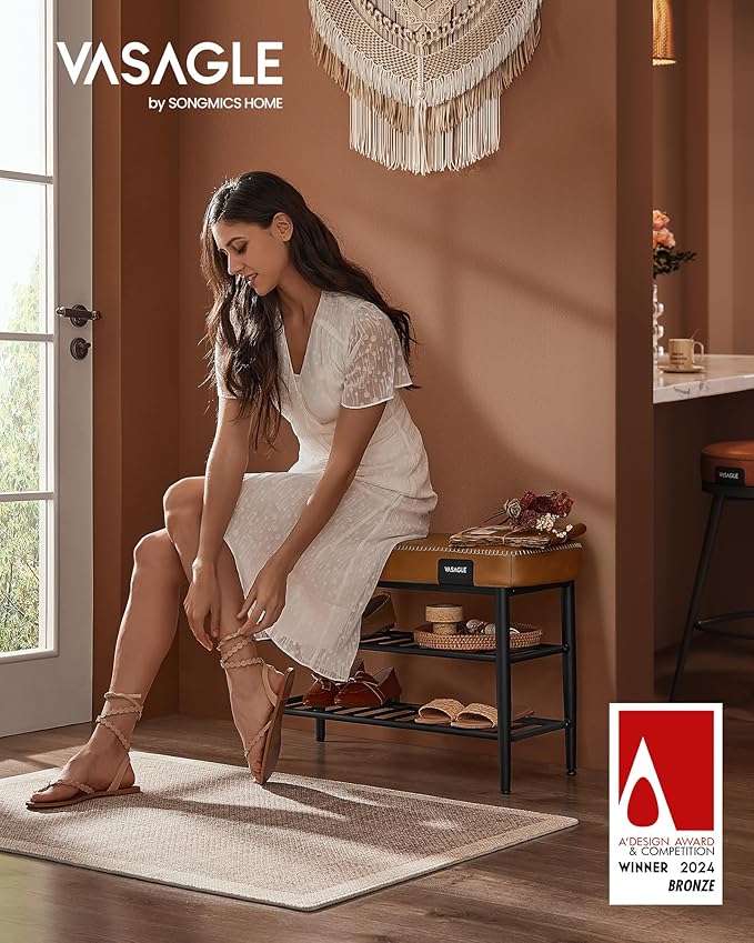 VASAGLE EKHO Collection - Shoe Rack Bench, Storage Bench for Entryway, Synthetic Leather with Stitching, Mid-Century Modern, Loads 300 lb, 11.8 x 31.5 x 19.7 Inches, Caramel Brown ULSB054K01