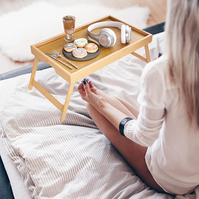 Bamboo Bed Tray Table with Foldable Legs Breakfast Tray, Lightweight Laptop Desk for Eating, Reading, Working in Bed or Sofa – Portable Lap Desk with Handles, Perfect for Home - Natural