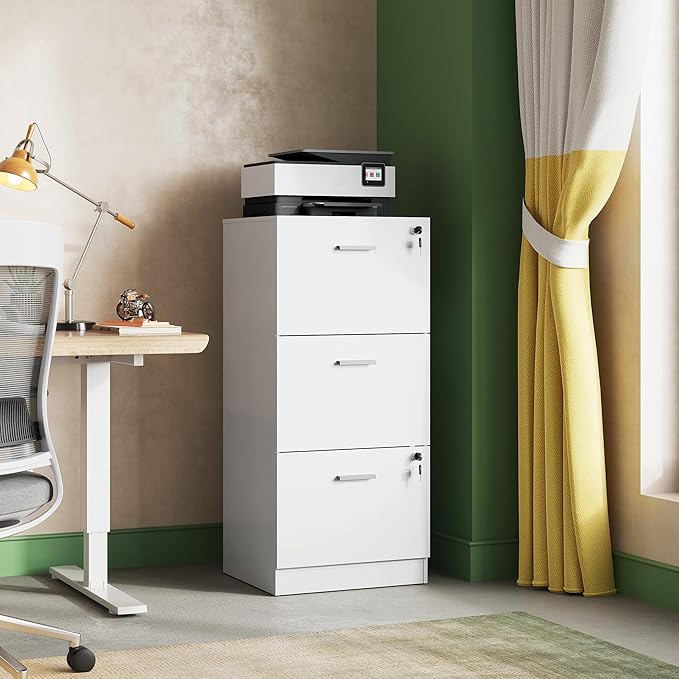 DEVAISE 3 Drawer File Cabinet with Lock, Vertical Wood Filing Cabinet for Home Office, Printer Stand for Letter and A4 Size, White