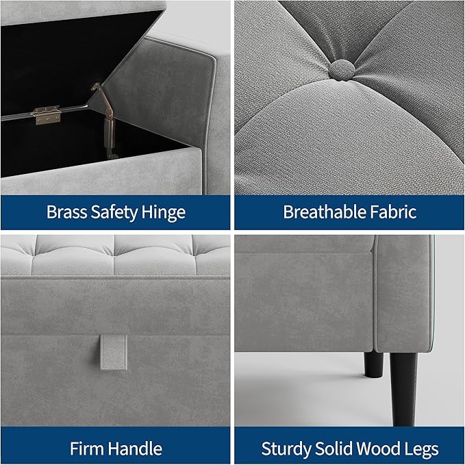 46.5" Storage Ottoman Bench – Upholstered End-of-Bed Storage Chest with Rolled Armrests & Wood Legs, Entryway Shoe Bench and Footrest Seat for Hallway, Bedroom & Living Room& Walk-in Closet (Gray)