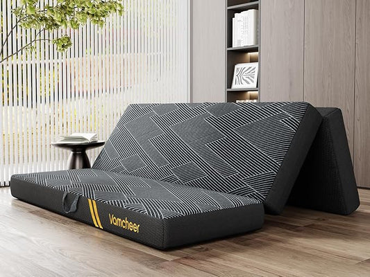 Vamcheer Tri Folding Mattress, 6 inch King Foldable Mattress, Tri-fold Memory Foam Mat with a Collapsible and Washable Cover, Handle & Non-Slip Bottom, for Travel/Guest, 80"x76"x6", Grey