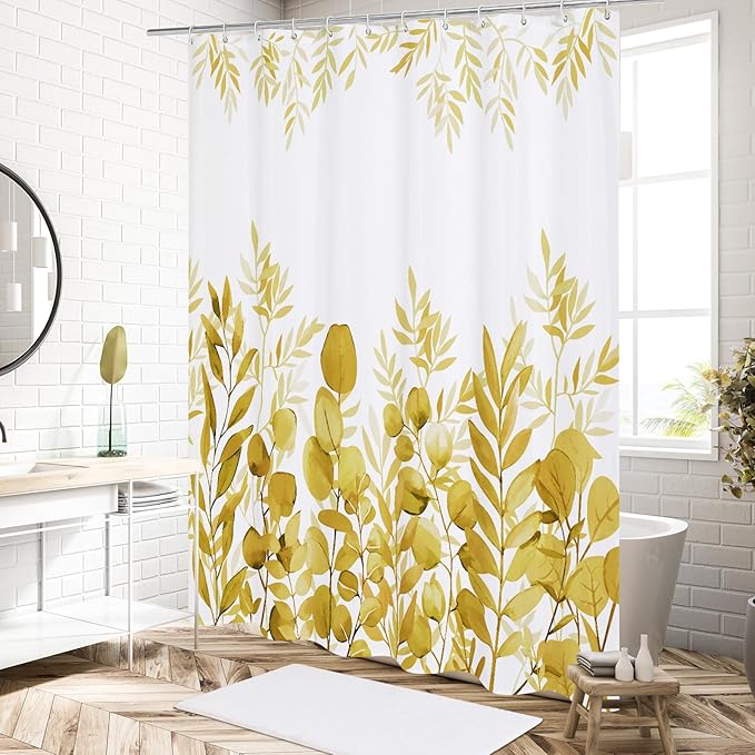 MitoVilla Yellow Fall Eucalyptus Shower Curtain, Plant Leaves Fabric Cloth Shower Curtains for Rustic Vintage Bathroom Decor, Modern Chic Botanical Shower Curtain, 72x72