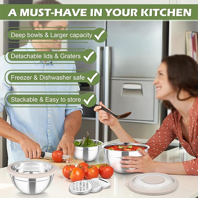 TeamFar Mixing Bowls, 3PCS Stainless Steel Serving Salad Bowls with Lids & 3 Graters, For Kitchen Mixing/Baking/Storing/Prepping, Visible & Airtight, Easy Clean - 4.5/3 / 1.5 QT, Khaki