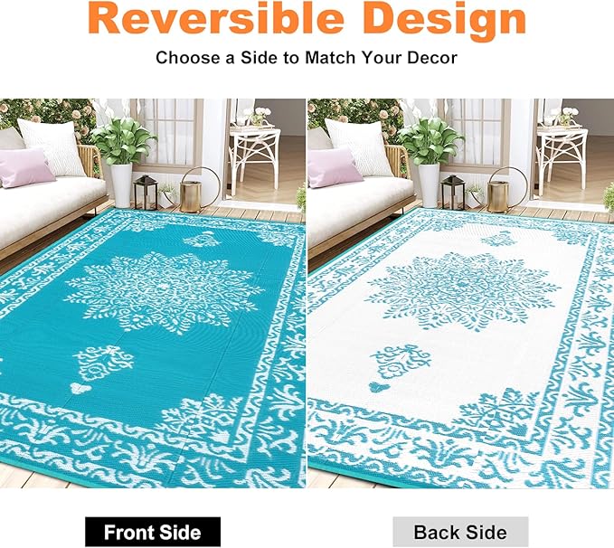Outdoor Rug 5x8 Ft, Waterproof Plastic Straw Patio Rug, Reversible Backyard Carpet UV Resistant Portable RV Mat Clearance, Large Indoor Outdoor Rug for Patio, Porch, Deck, Balcony, Teal