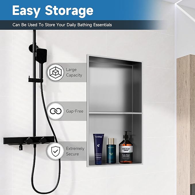 Shower Niche 9" X 25", Wall Niche with Double Shelves, Shower Niche Insert Tile Ready, Shower Caddies Bath Niche, No Tile Needed Over Mount Installation