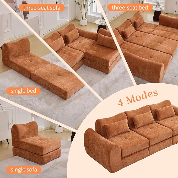 MAXMAXX 102" Cloud Sofa, 4-in-1 Folding Sofa Bed, Floor-Standing Boneless Couch, Futon Sofa Bed for Living Room, Bedroom and Entertainment Room(Orange)