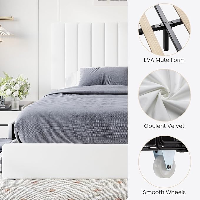 SHA CERLIN King Size Platform Bed Frame with 4 Storage Drawers, Vertical Channel Tufted Adjustable Headboard, Velvet Upholstered, Wooden Slats Support, No Box Spring Needed, Easy Assembly, White